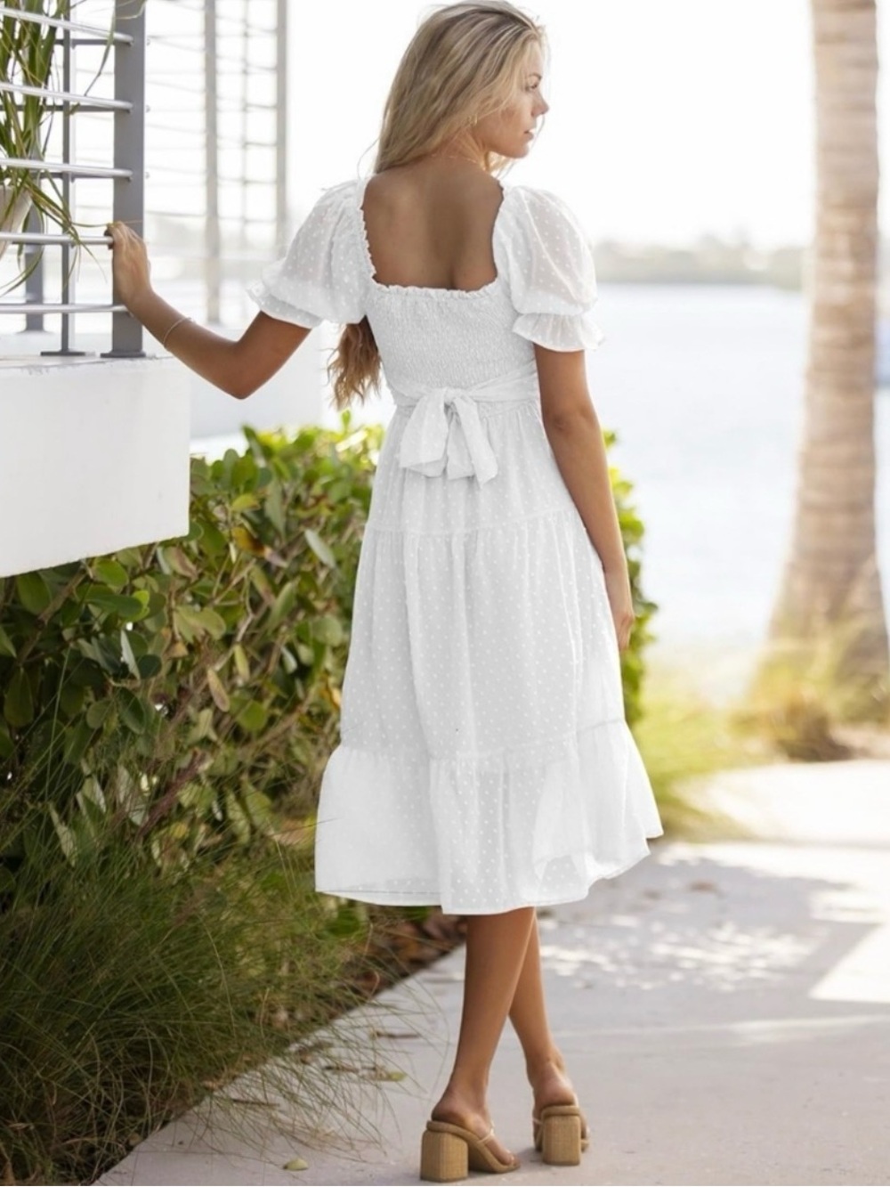 New Square Neck Puff Sleeve Boho Swiss Dot Ruffle Tie Back Dress